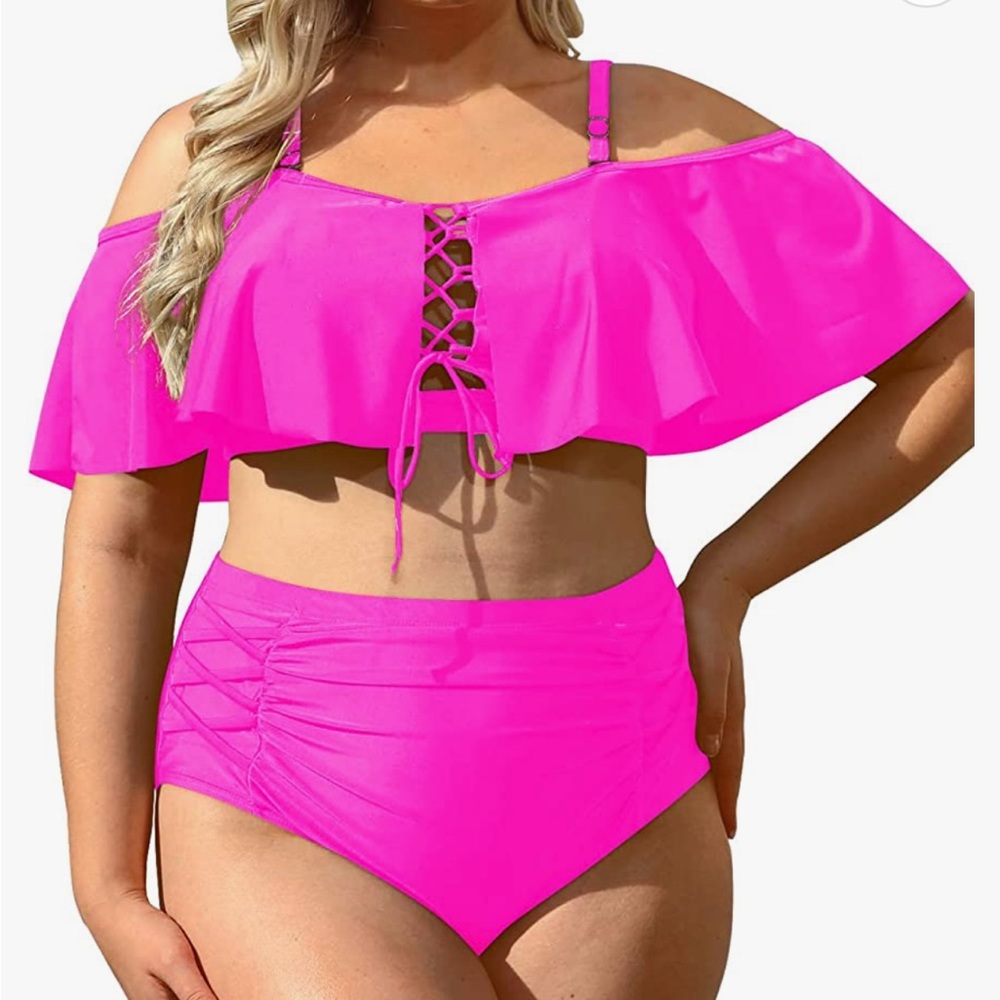 NWOT Sexy Neon Pink Plus Ruffle Lace High Waist Ruched Full Coverage Bottoms XXL